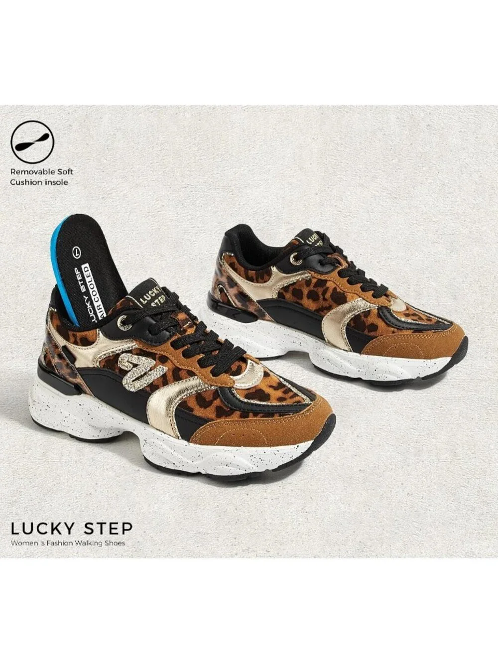 Women's Brown Leopard Lightweight Non Slip Chunky Color Block Fashion Sneakers